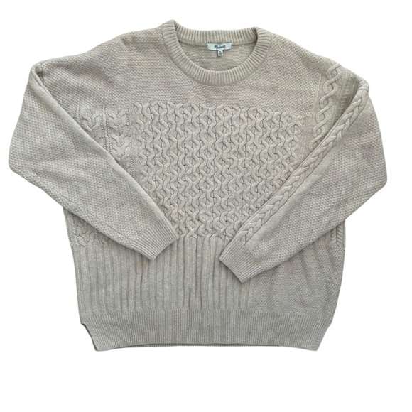 Madewell Patchwork Cableknit Tunic Sweater Heather Beige Wool Blend Size XL - Picture 2 of 10